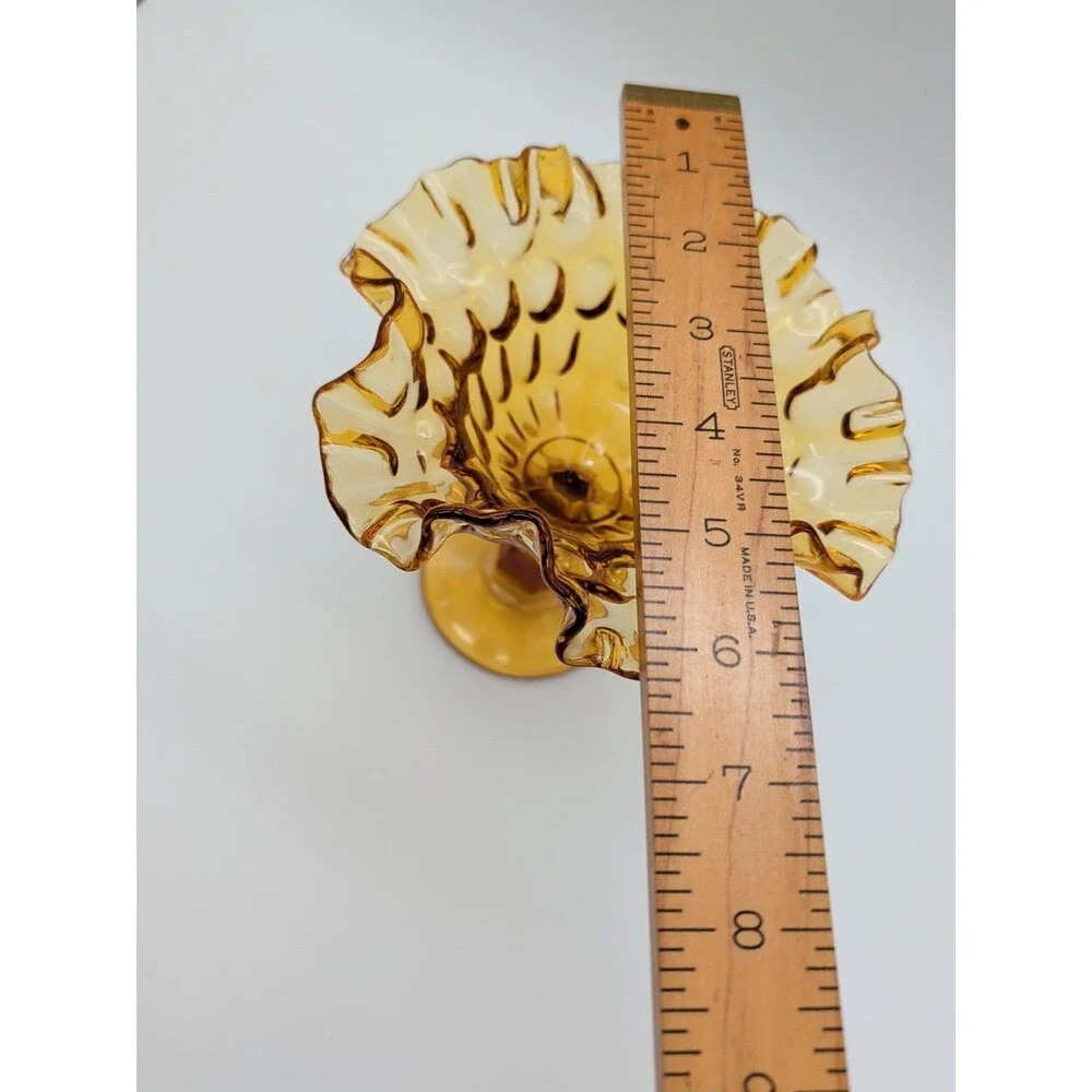 VTG Fenton Pedestal Fluted Ruffled Edge Colonial Amber Thumbprint Compote Glass